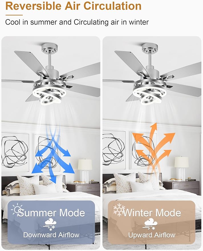 52" Ceiling Fan with Light Chandelier Fan Modern DC Motor Dimmable Led Fandelier Ceiling Fan with Light for Bedroom, Living Room