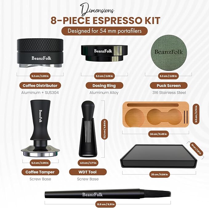 54 mm Espresso Accessories Kit – 8-Piece Set (Fits 54 mm Portafilters) – Tamper, Distributor, WDT Tool, Dosing Ring, Puck Screen & Mat
