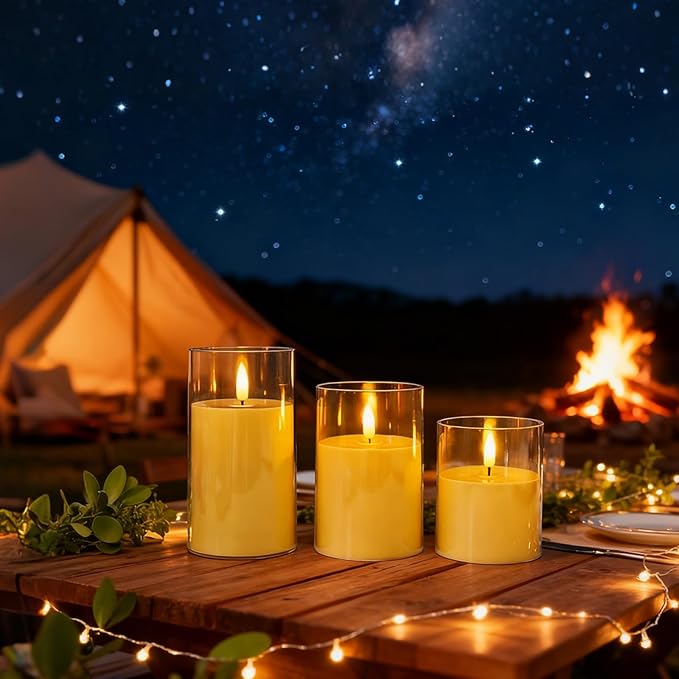 3-Pack Rechargeable Flameless Candles with Remote & Timer, Flickering LED Candles for Living Room, Fireplace, TV Stand & Bedroom Night Light, Holiday Party Decor, Housewarming Gift (Yellow)