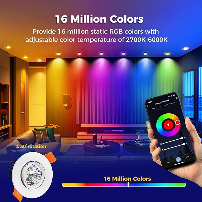 6 Pack 2 Inch Smart LED Recessed Lighting, 5W WIFI Recessed LED Lights, Dimmable RGB & CCT 2700-6500K Color Changing, 110V Recessed Light Compatible with Alexa and Google Home, with LED Driver