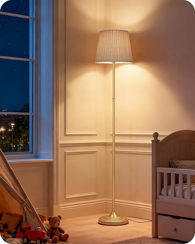 Dimmable Floor Lamp for Living Room, 68" Tall Standing Lamp, Reading Light with Remote & Foot Pedal, 10W LED Bulb (3000K-6500K) Included, FCC Listed, Reinforced Base, Gold and Beige DE12LD05