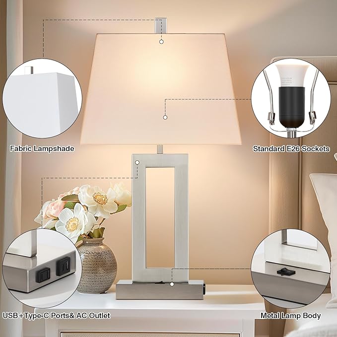 Table Lamp Set of 2 with USB C+A Ports & AC Outlet, Bedside Lamps, Modern Bedroom Lamps, Silver Lamps for Bedroom Living Room,Nightstand Lamp（Push Button Swich/NO dimming