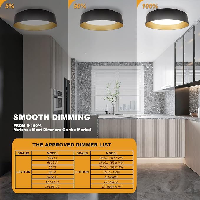 12.5 Inch LED Flush Mount Ceiling Light Fixture, 26W, Super Bright 1350 Lumen, 3 Color 3000K/4000K/5000K, Matt Black with Gold Inside, Dimmable Ceiling Lamp for Bedroom Hallway Bathroom Outdoor