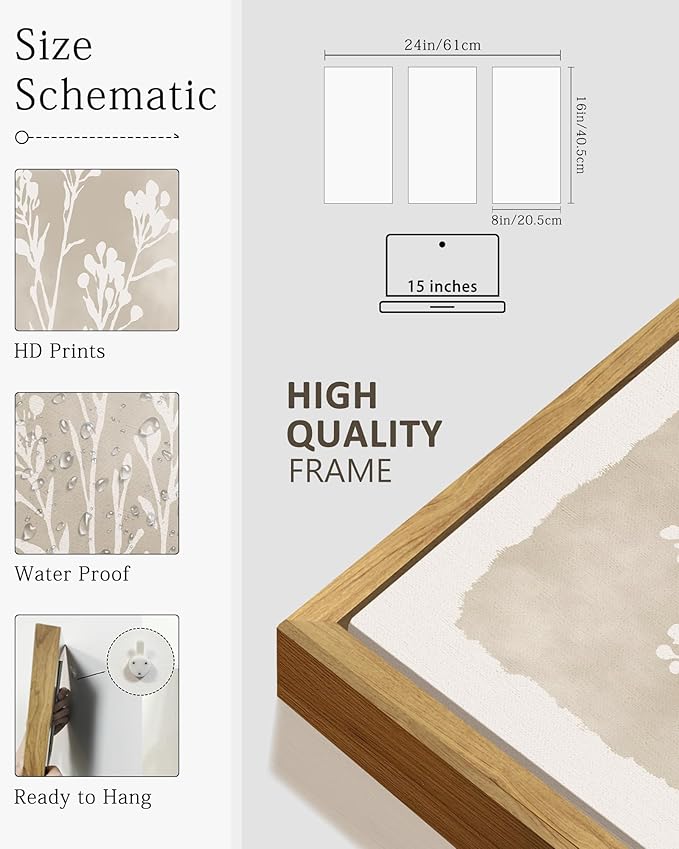 KUVIOKE Vintage Botanical Framed Wall Art White Floral Decor Print Modern Rustic Farmhouse Home Office Kitchen Hallway 8x16in3pcs Natural Framed