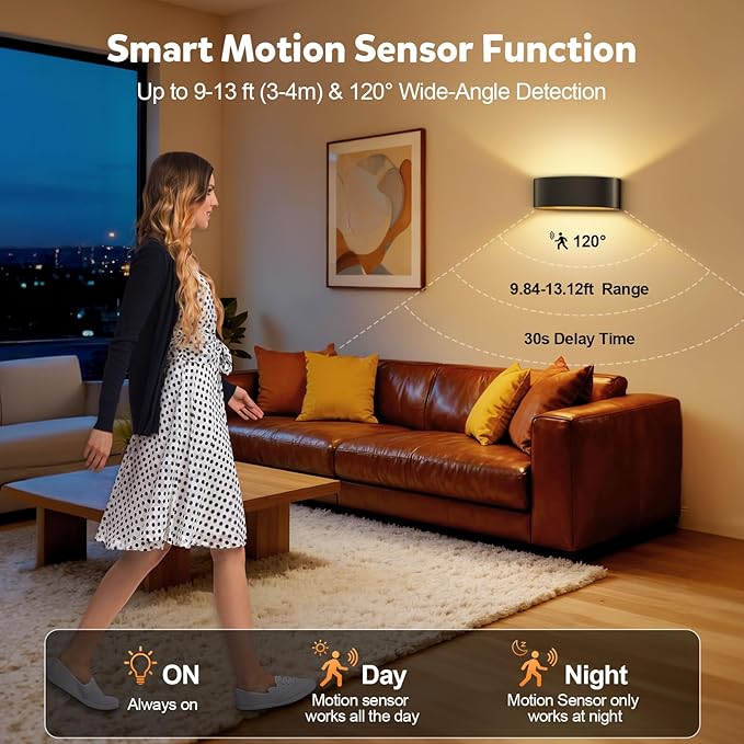 Motion Sensor Wall Sconces Set of 4, Rechargeable 5000mAh Battery Operated Wall Light with Remote Control 3 Colors Temperatures & Dimmable 15 RGB Colors Up and Down Wireless Wall Mount Light