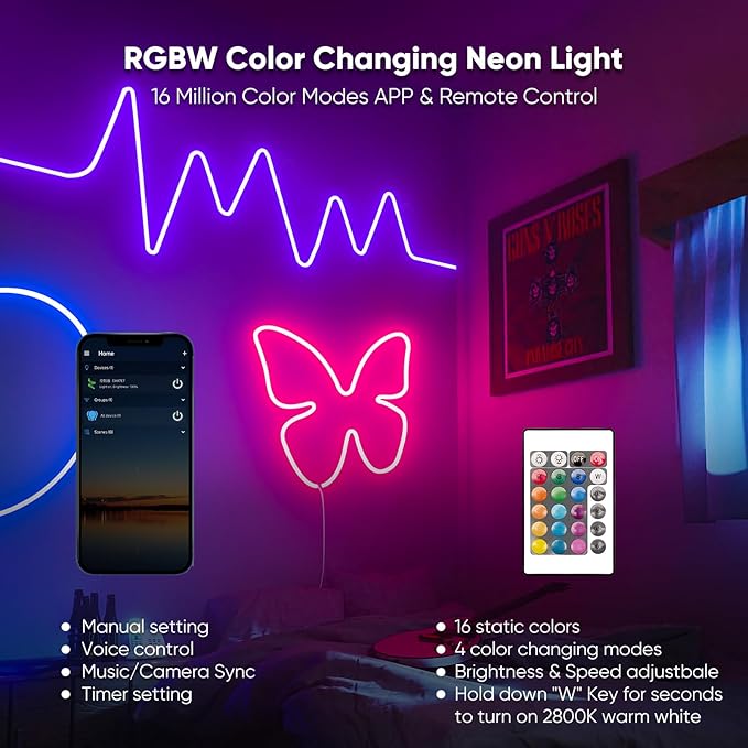 Shine Decor 24V Smart Neon Rope Lights, RGBW Silicone Neon Light Remote APP WiFi Control Music Sync, RGB+Warm White Changing Dimmable LED Neon Strip 16.4FT Flexible Waterproof for Indoor Outdoor