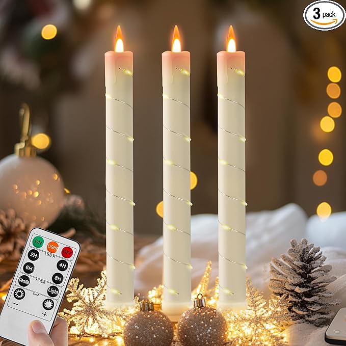 3 Pcs Flameless Taper Candles, Battery Taper Candles Flickering Flame with Embedded Star String, Candle Sticks Battery Powered with Remote Control, Timer Function Ideal for Easter (Ivory)