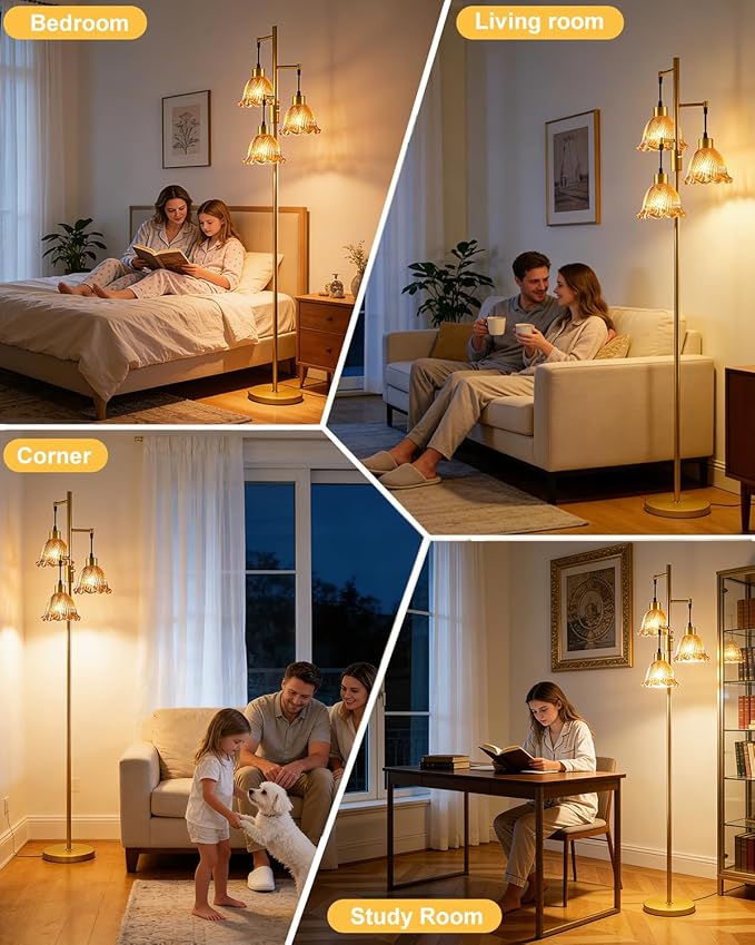 Glass Floor Lamps for Living Room, 3-Light Gold Dimmable Floor Lamp with Brown Glass Shade& Bulbs Included, Mid Century Standing Tall Lamp for Bedroom/Sofa Beside/Corner Decor