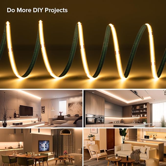 16.4FT COB LED Strip Lights Dimmable 2700K Warm White 320LEDs/m Strips DC24V Adhesive Flexible Cuttable Strip Lights for DIY Home Decor Shelf Cabinet (No Adapter or Controller)