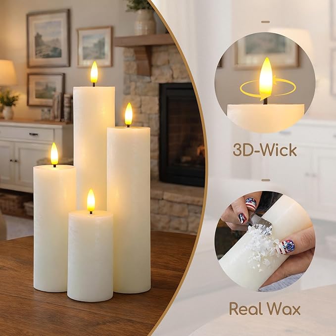 Flameless Real Wax Pillar LED Candles with Remote Control, Battery Operated Cycle Timer Ivory Pack of 4 Flickering 3D-Wick Warm Light for Indoor Home Decor (2.2" x 4" 6" 8" 10")