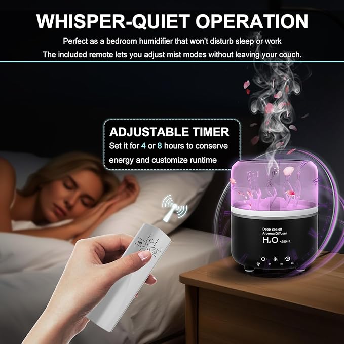 Morbou Essential Oil Diffuser with Jellyfish Spray & Sea Anemone Rotation, 280ml Ultrasonic Aromatherapy Machine,7-Color LED Night Light Quiet Mist for Bedroom, Remote Control (Black)