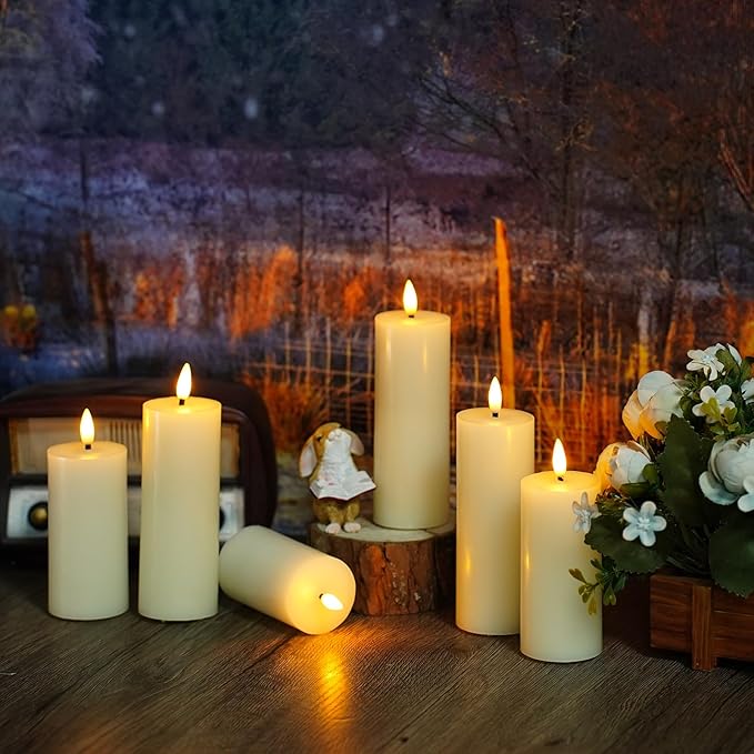 Flameless Candles Real Wax Realistic Pillar Candles, 9 Packs Battery Operated LED Candles with Remote Timer, Ideal for Halloween Home Decor Ivory（D 1.6"*H 4" 4.5" 5.5" ）