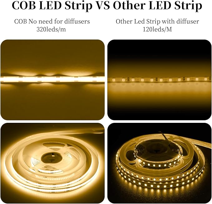 iNextStation 16.4ft/5M 3000K Warm White COB LED Light Strip, DC12V CRI 93+ Light Strip for TV, 8mm Width LED Tape Lights, LED Strip Lights for Bedroom, Kitchen, Home Lighting Decor(No Plug)