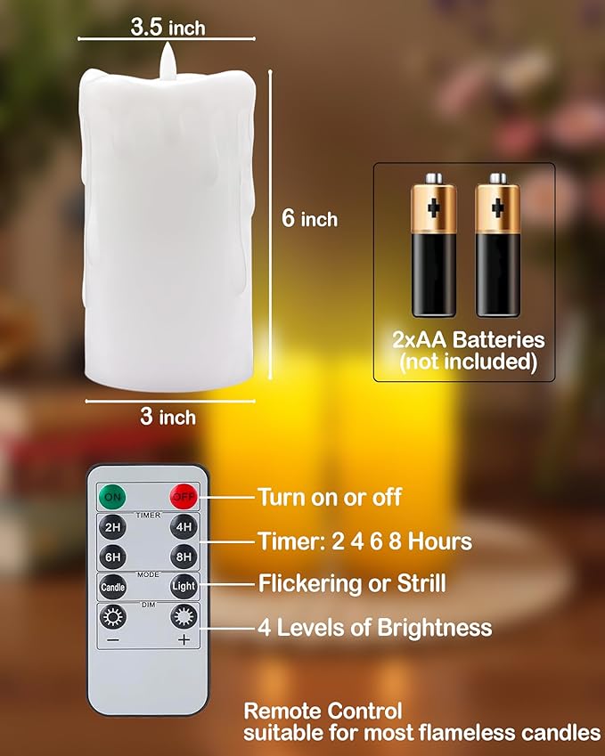 3"x6" White Flameless LED Candles - Remote Control & Timer, Set of 2 Large Real Wax Pillar Flickering Battery Candles for Table, Fireplace and Mantel Decor