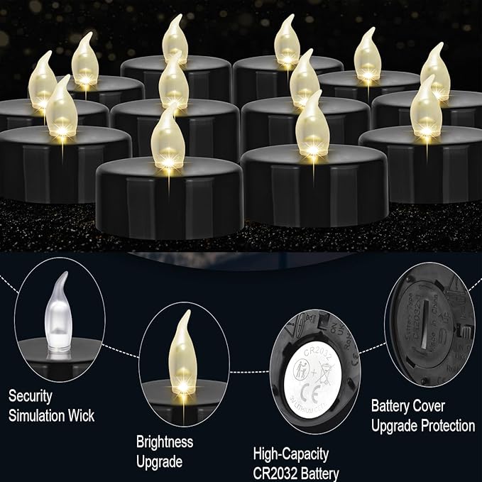 Battery Operated Tea Lights Candles: 24 Pack Realistic and Bright Flickering Holiday Gift Flameless Candles LED Electric Tea Candles for Seasonal & Festival Party Home Decoration Black