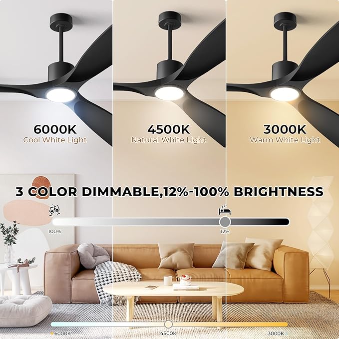 60" Smart Ceiling Fan with Lights,Outdoor Ceiling Fan 3 Blade,Compatible with Alexa/Gg/App/Remote,3-Color Light 6-Speed Quiet Reversible DC Motor for Patio,Black