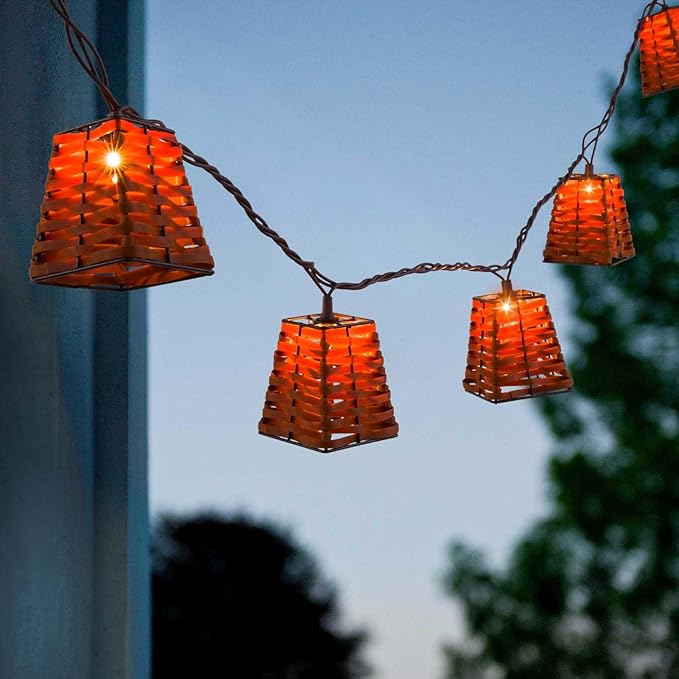 Outdoor-String-Lights-Waterproof, Boho Lantern String Lights for Patio, Garden, Porch, Balcony, Gazebo Decorative (PP Rattan)