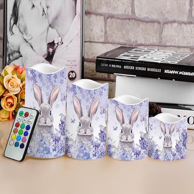 Easter Bunny Purple Floral Plastic Flameless Candles with Remote Control and Timer LED Flickering Battery Electric Pillar Candles for Table Easter Decoration