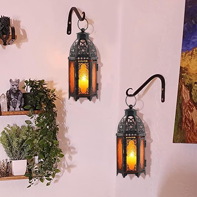 DECORKEY Set of 2 Moroccan Lanterns Decorative Indoor & Outdoor, 11’’ Medium Size Vintage Metal Hanging&Tabletop Candle Holder Decor, Halloween Christmas Ramadan Decorations for Home (Amber)