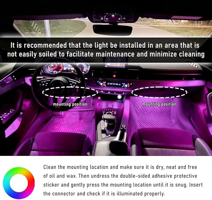 Car Interior LED Strip Light, 12V 24 LED Waterproof Neon Ambient Night Light with USB Port, Automotive Atmosphere Decorative Under Dash Lighting Kit, Car Accessories (Pink Purple)