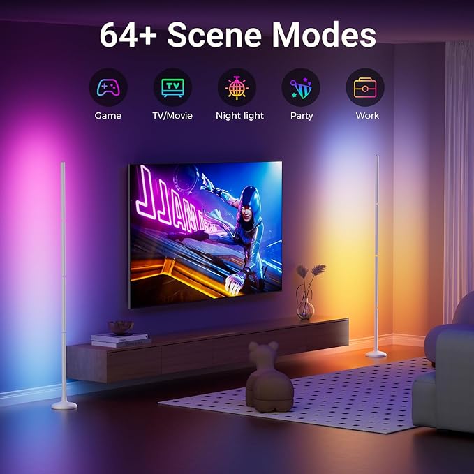 TJOY 2 Pack Smart Floor Lamps for Ambient Lighting, Crystal Joint Design, Modern LED Corner Light with Remote&APP Control, Music Sync, Color Changing Standing Lamp for Room(White,Plastic Material)