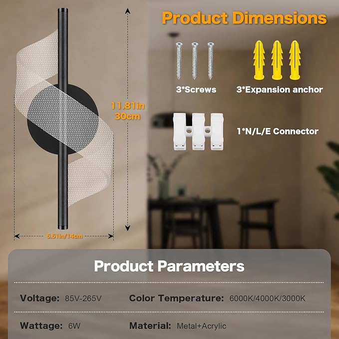 Modern LED Wall Sconce - 12" Height Spiral Wall Lamp with Acrylic Shade - 3000K 4000K 6000K Indoor Hardwired Wall Fixture for Bedroom Living Room Hallway Corridor (Black 1pack)
