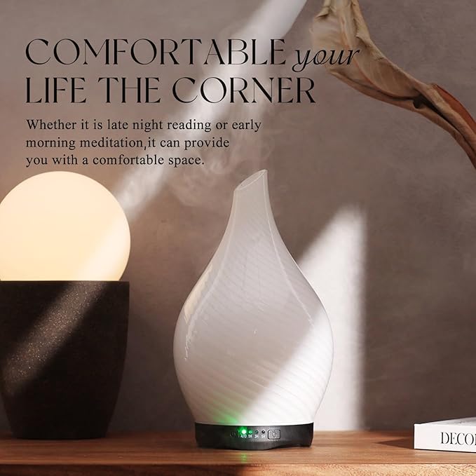 Porseme 280ml Essential Oil Diffuser Glass Color Changing Aroma Air Diffusers Aromatherapy Ultrasonic Cool Mist Humidifier 7 Running Hours Waterless Auto-Off for Sleeping Yoga Office Spa(Pure White)
