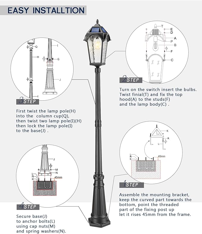 FEMILA Solar Lamp Posts Outdoor Lighting, 85.4" Aluminum Glass Outdoor Pole Lights, Dusk to Dawn Solar Street Light with Remote Control for Yard Garden Driveway, 4FYX95PL-SL BK