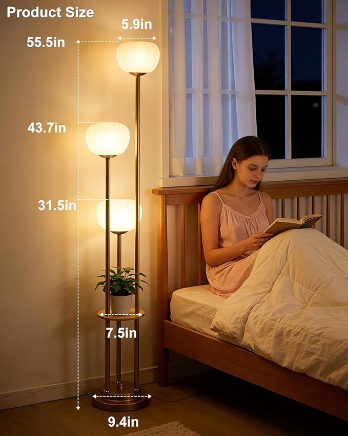 Lightdot Gold Dimmable Floor Lamp with Table, Mid Century Modern Floor Lamps with Pumpkin Lampshade & Bulbs, 3-Light Tall Standing Lamp for Living Room/Bedroom/Sofa Beside/Corner Decor