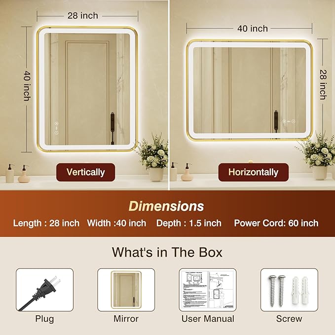28x40 Inch Gold Framed LED Bathroom Mirror with Lights,Smart Bathroom Mirror,Motion Sensor,Tempered Glass,Anti-Fog,Stepless Dimmable & 3 Colors,Memory,Vanity Mirror for Wall