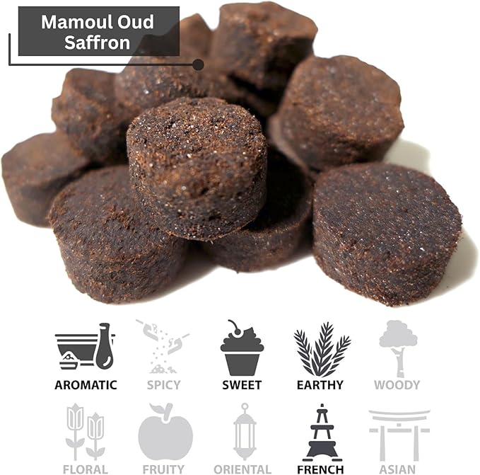 Mamoul Oud Saffron 80g (Pressed Resin Disks) | Use with Incense Coal or Electric Bukhoor Burner (Oud Charcoal) | Hair Bakhoor and Arabic Perfume for Women | Eid Gift Ideas and Islamic Gifts for Women