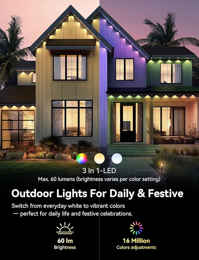Permanent Outdoor Lights, 400ft RGB+IC Smart Outdoor Lights for House with 200 LED, IP67 Waterproof LED Light for Outdoor Decorations, Work with Remote, APP
