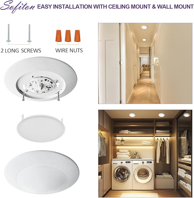 LED Disk Lights 6 Inch, 15W Surface Mount LED Ceiling Light 1050LM, 3000K, 120V, Dimmable, CRI90+, Flush Mount Disc for Kitchen, Closets, Bathroom, ETL Listed, 6Pack