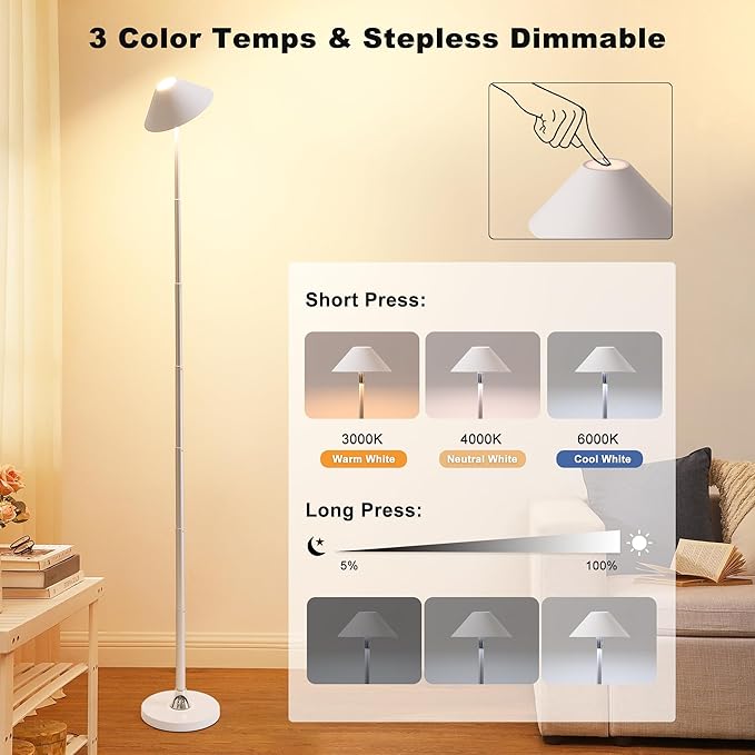 Rechargeable Floor Lamp for Indoor/Outdoor, Cordless Tall Standing Lamp with 3 Color Temps & Dimmable, IP43 Waterproof, Adjustable Height 16-56 Inch, Portable Pull-Up Lamp for Camping, Patio(White)