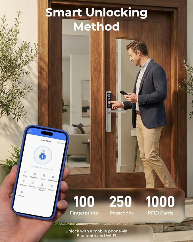 Electronic Smart Door Lock Fingerprint Door Lock with Keypad，Smart Lock for Front Door Children Proof IC Card, App Control & Mechanical Key