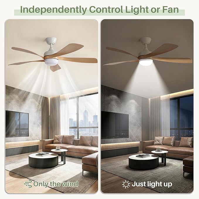 Sofucor 52 Inch Ceiling Fans with Lights and Remote, Outdoor Ceiling Fan with Light 6-Speed 3 CCT 3-Timer, Modern Low Profile Ceiling Fan 5 Blade Reversible DC Motor for Living Room Bedroom Patio