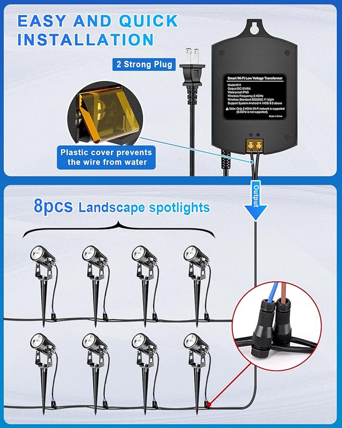 8-Pack Low Voltage Landscape Lighting Kit with WiFi 72W Transformer, 3W LED Spotlights with 65ft Cable, App and Voice Control, 3000K Warm White, 12-24V, IP65 Outdoor Pathway Uplights