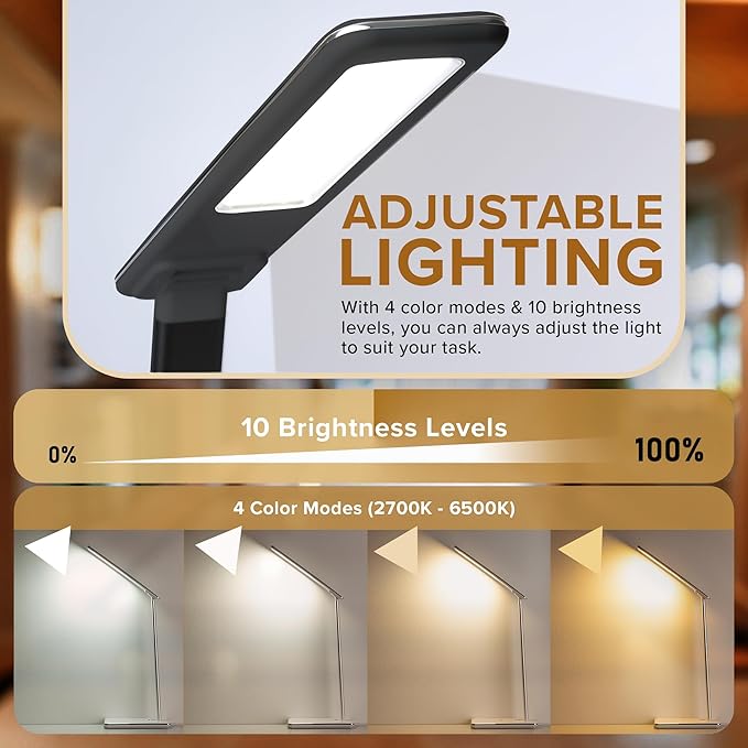 LED Desk Lamp | Wireless Charger & USB Port | 4 Color Modes & 10 Brightness Levels | Eye Caring Touch Control Lamp with Auto Timer | Foldable Adjustable Arm | Modern Light for Office Bedroom