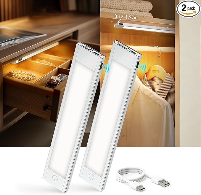 VST Rechargeable Drawer Lighting, Door Open Automatic ON/Off Light, Stick-ON LED Cabinet Light for Wardrobe Kitchen Basement Trunk Pantry Gun Safe (2 Pack, Warm Light - 3000K)