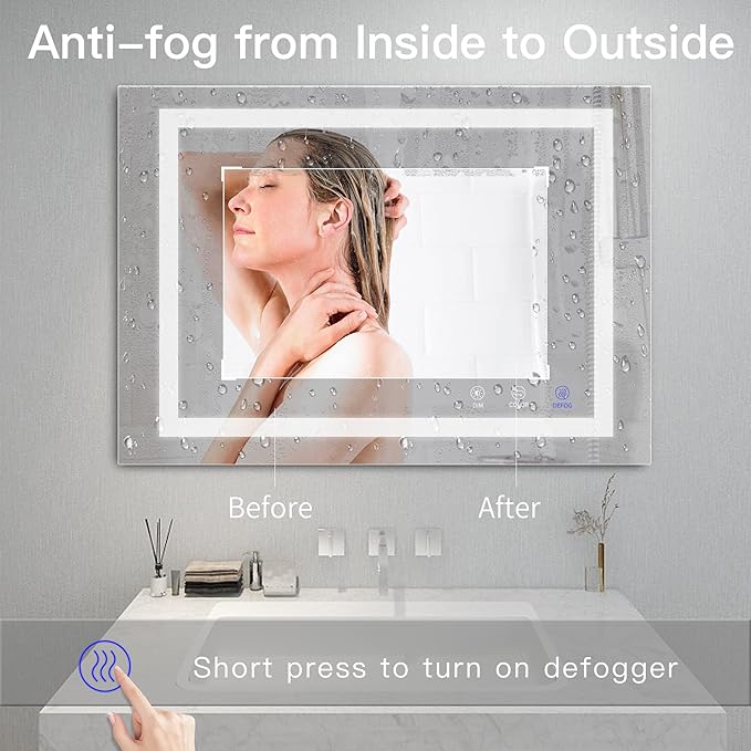 LED Bathroom Mirror, 32x24 Inch Bathroom Vanity Mirror Wall Mounted with 3000K-6000K Adjustable, Anti-Fog, Smart Touch Button, Stepless Dimmable Lighted Makeup Mirror, Horizontal/Vertical