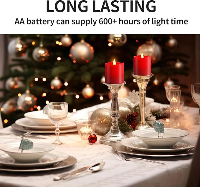 3x3 Flickering Flameless Candles Set of 2, 2AA Battery Life 600 Hours Battery Candles Flickering with Timer, 3 inch Flameless Candles with Remote for Indoor/Outdoor, Red