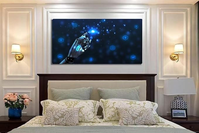 Wibinuki Wall Art Wall Decor Wall Paintings robot ai artificial intelligence pointing finger touch screen blue for Living Room Bedroom Bathroom Home Decor Can Be Hung Directly 20"x 40"