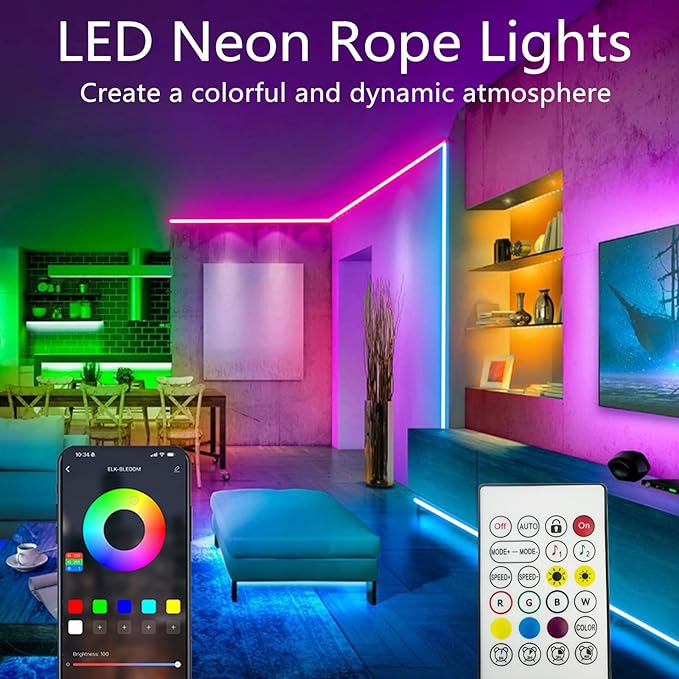 16.4FT Neon Rope Lights,Flexible Led Rope Light Control with App/Remote,Multiple Modes,Music Sync,IP65 Outdoor RGB Led Strip Lights Waterproof