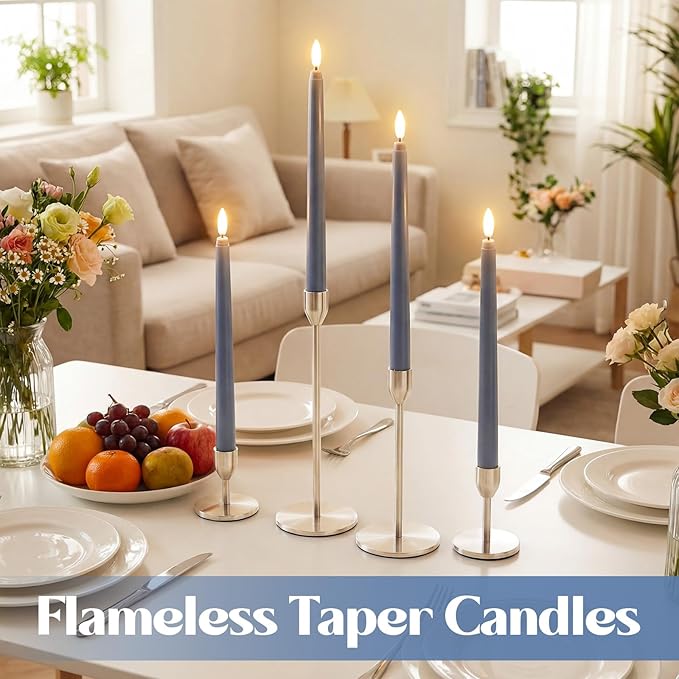 Macarrie 24 Packs Flameless Taper Candles Battery Operated Fake 11 Inch Long Candlelight LED Flameless Candlesticks Flickering Tapered for Spring Summer Wedding(Haze Blue)