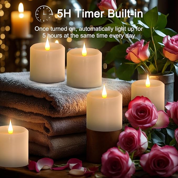 Flickering Flameless Candles with 3D Moving Flame, Real Wax Battery Operated Candles with Timer and Remote, Last 600+ Hours, 3" x 3" LED Fake Candles for Home Wedding Christmas Decor, 2 Pack