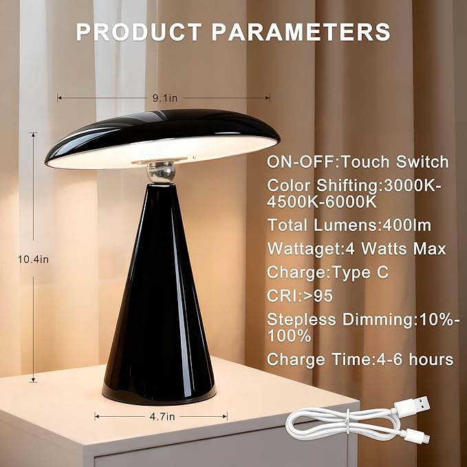 Mushroom Lamp Mid Century Modern Table Lamp, LED Cordless Rechargeable Bedside Light, Dimmable Touch 3-Color Temp, Retro Small Lamp for Bedroom, Living Room，Aesthetic Decor(Black)