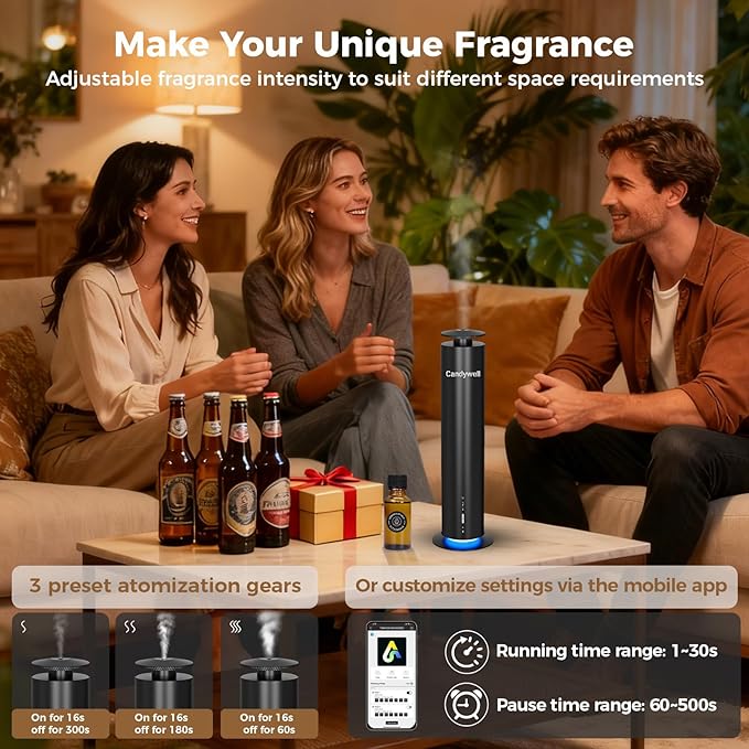 Waterless Scent Diffuser, Essential Oil Diffuser Machine - Cold Air Diffusion Tech for 1500 Sq Ft Large Room, Home, Office, Hotel & Spa, Starter Kit Includes 1 Scent Oil & Remote Control & APP