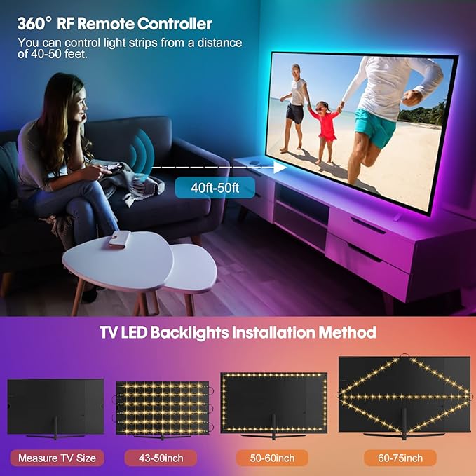 LED Strip Lights 10ft, 6 Pre-cut 1.64ft RGB LED Lights for 43-65 Inch TV, App Control TV LED Backlight with Remote, Music Sync USB Bias Lighting LED Strip Lights for Bedroom PC Monitor Mirror Cabinet