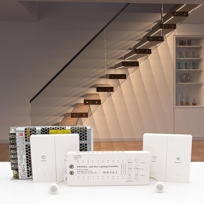 Wall Switch Control and Motion Sensor LED Stair Lighting Kit RW-5620, 40 Inches Long Cuttable LED Light for Indoor LED Stair Lights (Warm White 3000K, 12 Stairs)