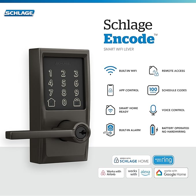 Schlage Encode Smart Wi-Fi Lock with Lever Handle, Touchscreen Keypad, Keyless Entry Door Lock, App Control, Alexa, Google Home and Airbnb Compatible, Black Stainless, FE789WB CEN 530 LAT